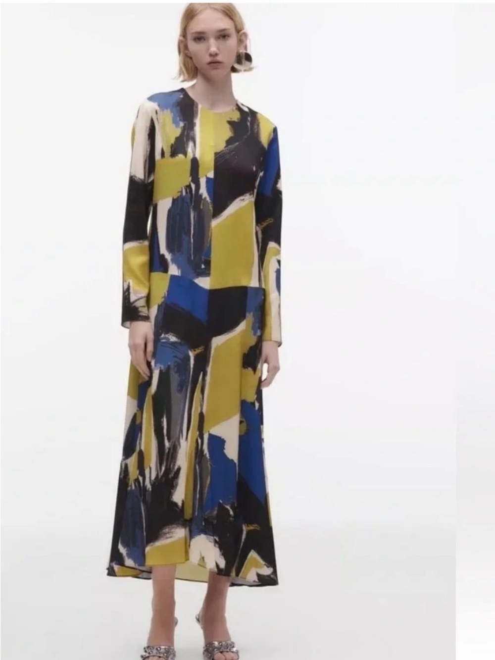 NWT Zara Women Abstract Multicolor Long sleeve Oversized Long Dress Medium